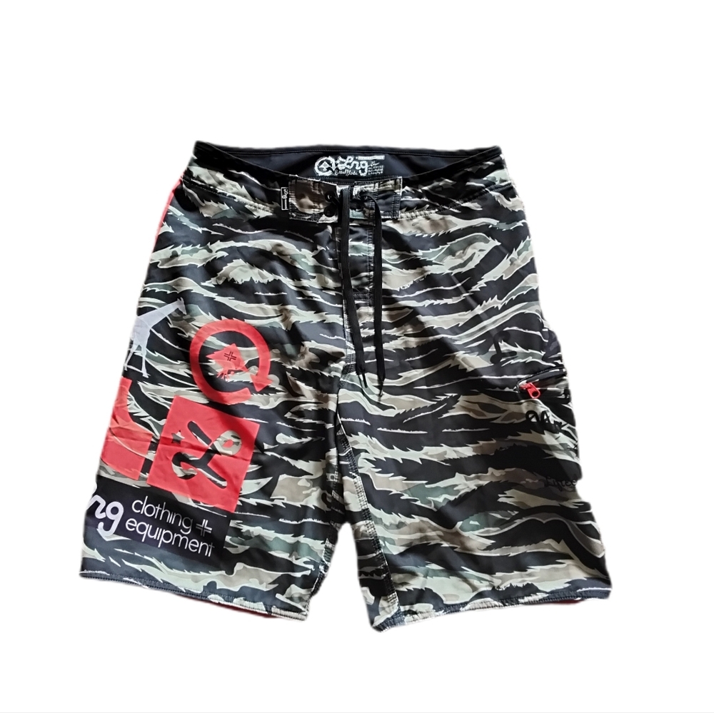 LRG Core Jungle Board Shorts Black‎ Tiger Camo Print Men's Swim Trunks Size 32
